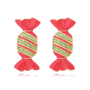Alloy Candy Shape Stud Earrings With Red Enamel And Green Rhinestone Contrast Color Sweet Baroque Style Jewelry For Women
