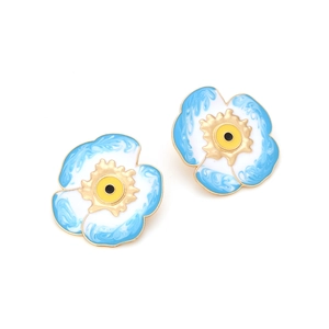 Boucles d'oreilles fleurs en émail bleu et blanc style mauvais œil avec dorure