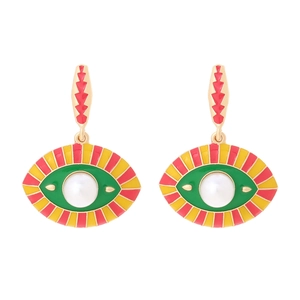 Golden evil eye drop earrings with vibrant enamel patterns and white pearl inlay