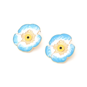 Boucles d'oreilles œil porte-bonheur en émail bleu marbré et métal doré avec fleurs