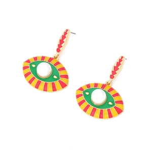 Colorful enamel evil eye drop earrings with gold metal base and center pearl accent