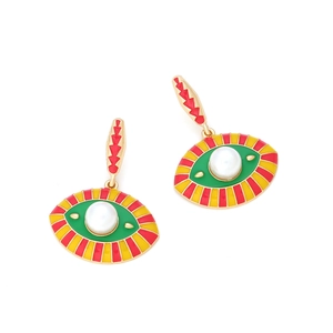 Detail of colorful Evil Eye drop earrings with pearls and vibrant enamel coating