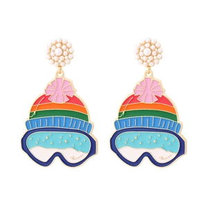 Colorful ski hat earrings with faux pearls and goggles pendant on white background