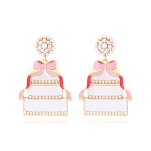 Sweet Wedding Cake Drop Earrings Zinc Alloy Enamel With Imitation Artificial Pearl And Pink Bow Novelty Jewelry For Women