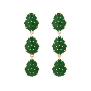 Long green enamel cactus drop earrings with golden metal details for resort vacation style