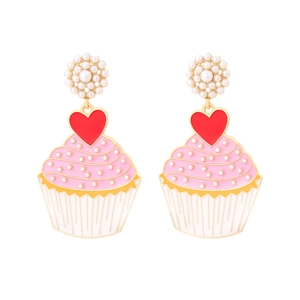 Cute enamel cupcake earrings with red heart and white pearls in minimalist gold plating