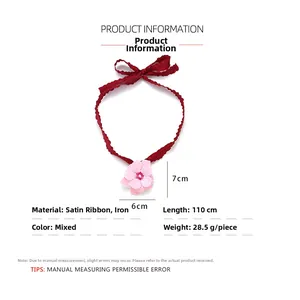 Detail specifications of pink enamel flower pendant with red pleated ribbon necklace