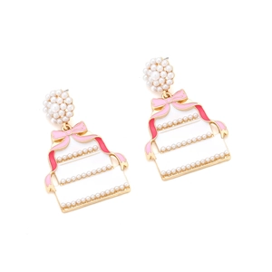 Enamel cake drop earrings with pink bow and pearls in a vintage gold-plated design
