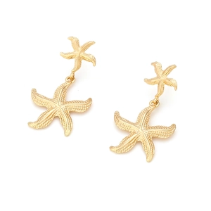 Statement gold starfish drop earrings with textured metallic finish and ocean design
