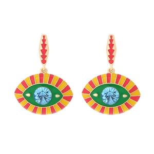 Bohemian evil eye drop earrings with enamel gradient and colorful crystal inlay