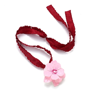 French retro style pink enamel flower choker necklace with dark red pleated ribbon
