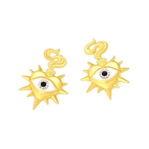 Golden heart-shaped devil eye earrings with crystal rhinestones and fire accents