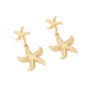 Golden double starfish dangle earrings featuring textured sea animal design for women