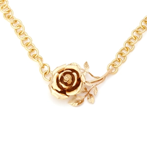 Elegant 3D rose flower pendant necklace with thick gold chain on a white background