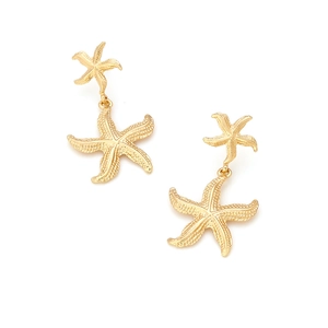 Detail view of gold starfish drop earrings featuring intricate textured metallic grain