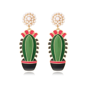 Boucles D Oreilles Pendantes Cactus En Pot Alliage Imitation Künstliche Perle Email Floral Longue Goutte Bijoux Style Nature