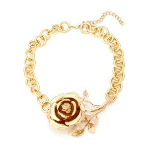 Rose Flower Pendant Necklace Chunky Round Link Chain Vintage Alloy Metal Floral Statement Jewelry For Women Adjustable