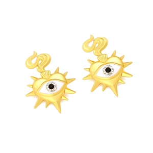 Golden heart earrings with evil eye center and crystal accents in a flame design