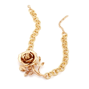 Golden 3D rose pendant necklace with textured leaves on a bold circular link chain