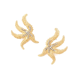 Golden starfish stud earrings with luxury rhinestones and textured alloy finish