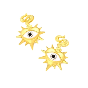 Detail of gold heart earrings with evil eye motif, white enamel and crystals