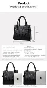 Detailed size specifications of the black textured leather tote bag with iPad size comparison