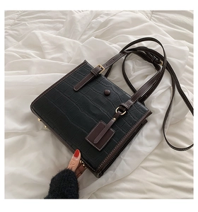 Detail of crocodile embossed tote bag with contrast brown straps and gold metal buckle