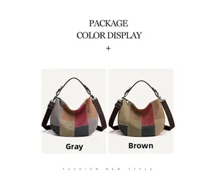 Detail view of contrast color canvas shoulder bags in grey and brown patchwork design