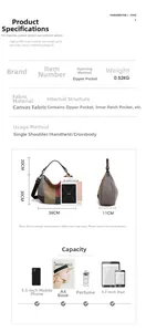 Detailed view of color-block canvas bag dimensions and internal compartment layout