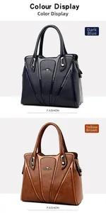 Detailed comparison of dark blue and tan brown textured leather handbags with V-shaped stitching