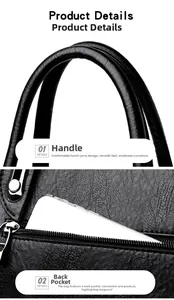 Detail of thickened double handles and rear zipper pocket on black litchi pattern tote bag