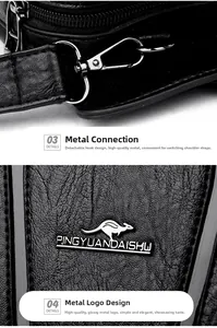 Detail of detachable hardware hook and metal kangaroo logo on black pebbled leather bag