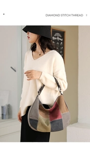 Detail of color-block canvas Hobo bag with diamond stitch thread and leather strap