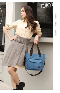 Detail of blue canvas tote bag with brown straps and detachable shoulder strap for commuting