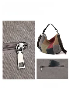 Detail of canvas shoulder bag with multi-color patchwork and back zipper pocket