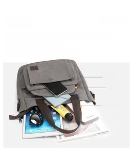 Detailed top view of large grey canvas bag showing ample space for iPad and essentials