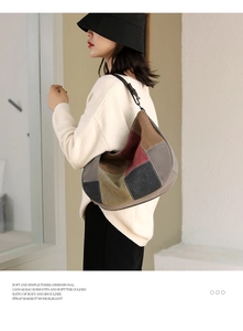 Detailed view of retro patchwork canvas bag with adjustable leather shoulder strap