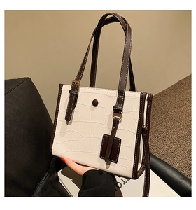 Detail of stone embossed pattern and metal buckle on beige contrast tote bag