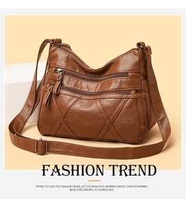 Detail of vintage brown PU leather crossbody bag with multiple zippers and stitching