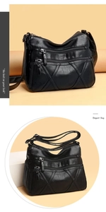 Detail of black pebbled PU leather crossbody bag featuring X-shaped stitching and three zippers