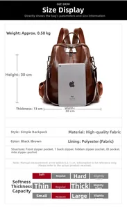 Detailed size chart for vintage brown leather backpack with dimensions 30x30x13cm