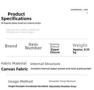 Detailed product specifications for canvas tote bag with zipper and adjustable strap