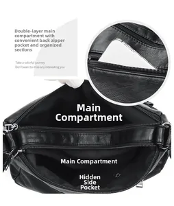 Detail view of the black PU leather crossbody bag featuring double main pockets and zippers