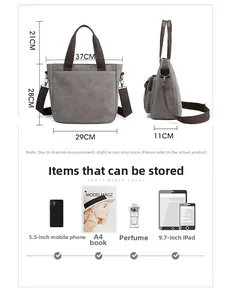 Detailed size chart for gray canvas tote bag showing dimensions and item capacity guide