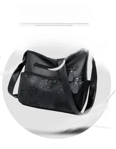Macro detail of black leather shoulder bag with embossed floral pattern and multiple zippers