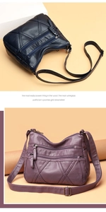 Detail view of multi-zipper quilted crossbody bags in dark blue and purple soft PU leather