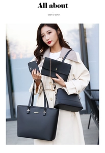Detail shot of black 4-piece handbag set including tote and crossbody bag in urban setting