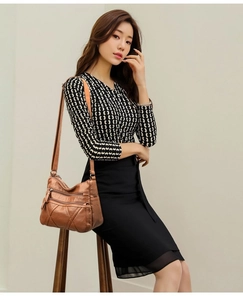Brown soft PU leather crossbody bag with multiple zippers shown on a model's outfit