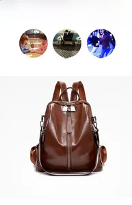 Detail view of smooth brown PU leather texture and silver metal zippers on the backpack