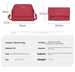 Detail view of red PU leather bag set showing a handbag and chain bag with size dimensions